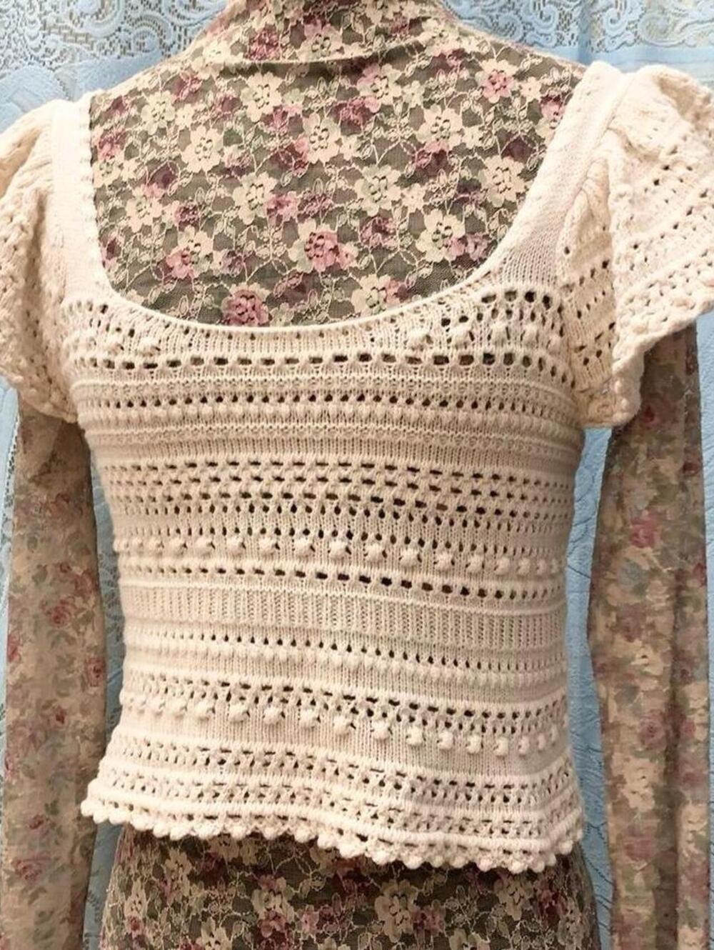 Crochet Fairycore Lagenlook Flutter Sleeve Crop Top, Coastal Boho Cottagecore